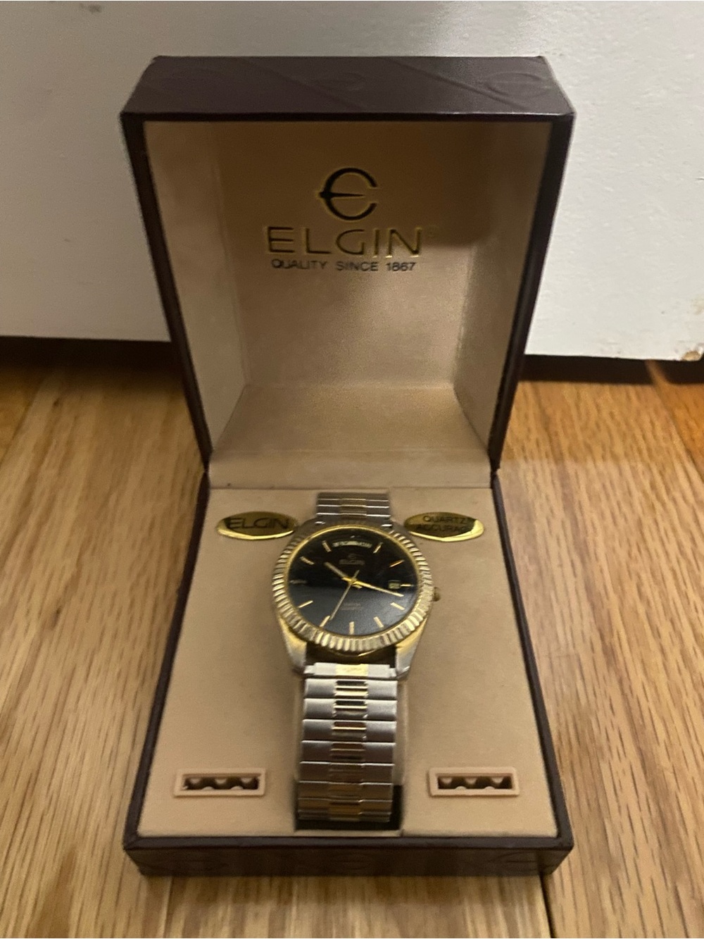 Elgin Men's Two-Tone Black Dial Watch With Box Untested